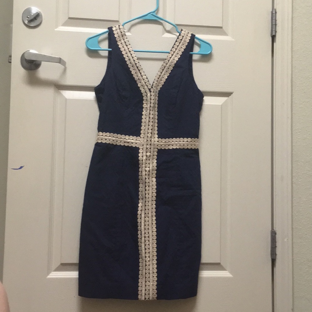 Lilly Pulitzer Navy Blue Gold Shift Dress sz 2